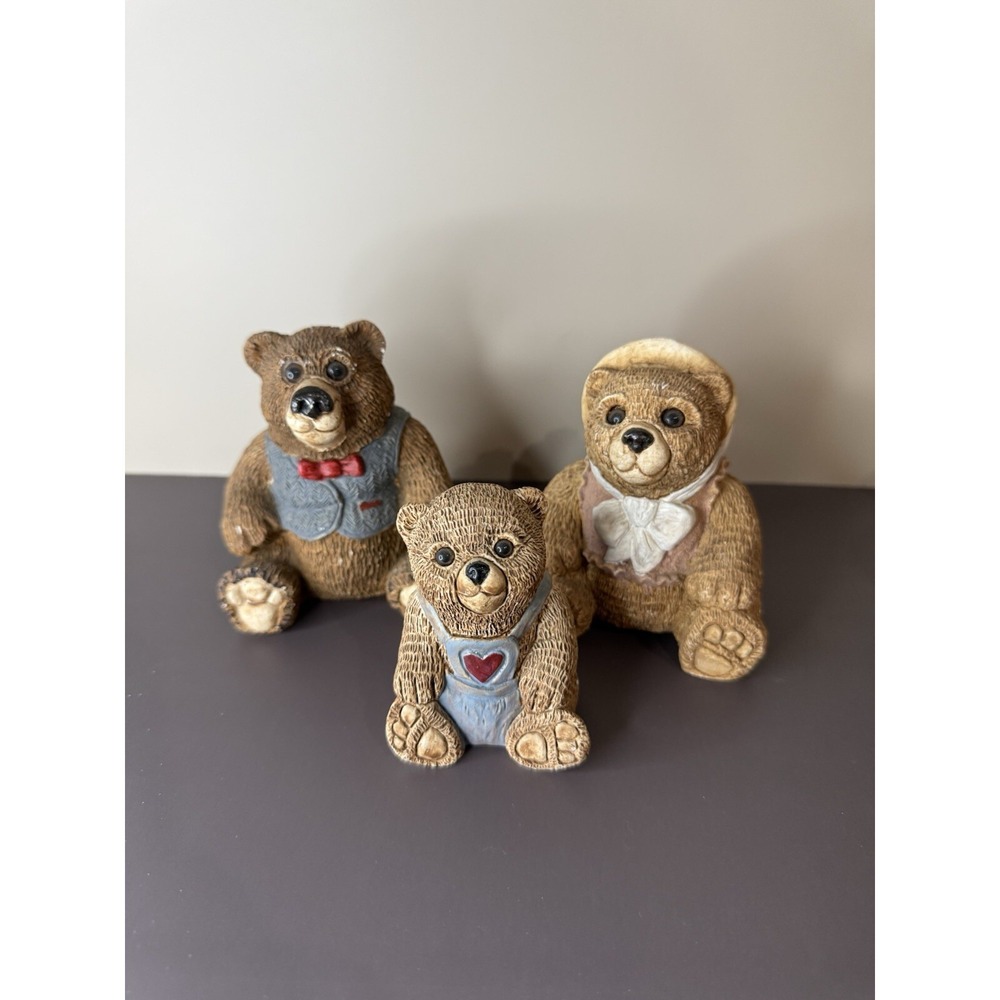 Vintage Stone Critters Collection Teddy Bears Mr Mrs & Son Set of 3 1984